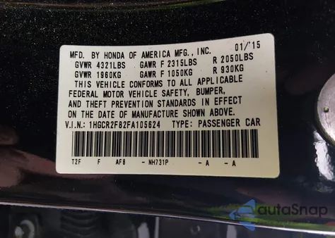 2015 Honda Accord Ex-L from USA, damaged, VIN 1HGCR2F82FA105624